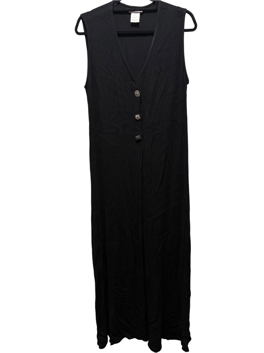 Sleeveless Black V-Neck Button-Front Maxi Dress